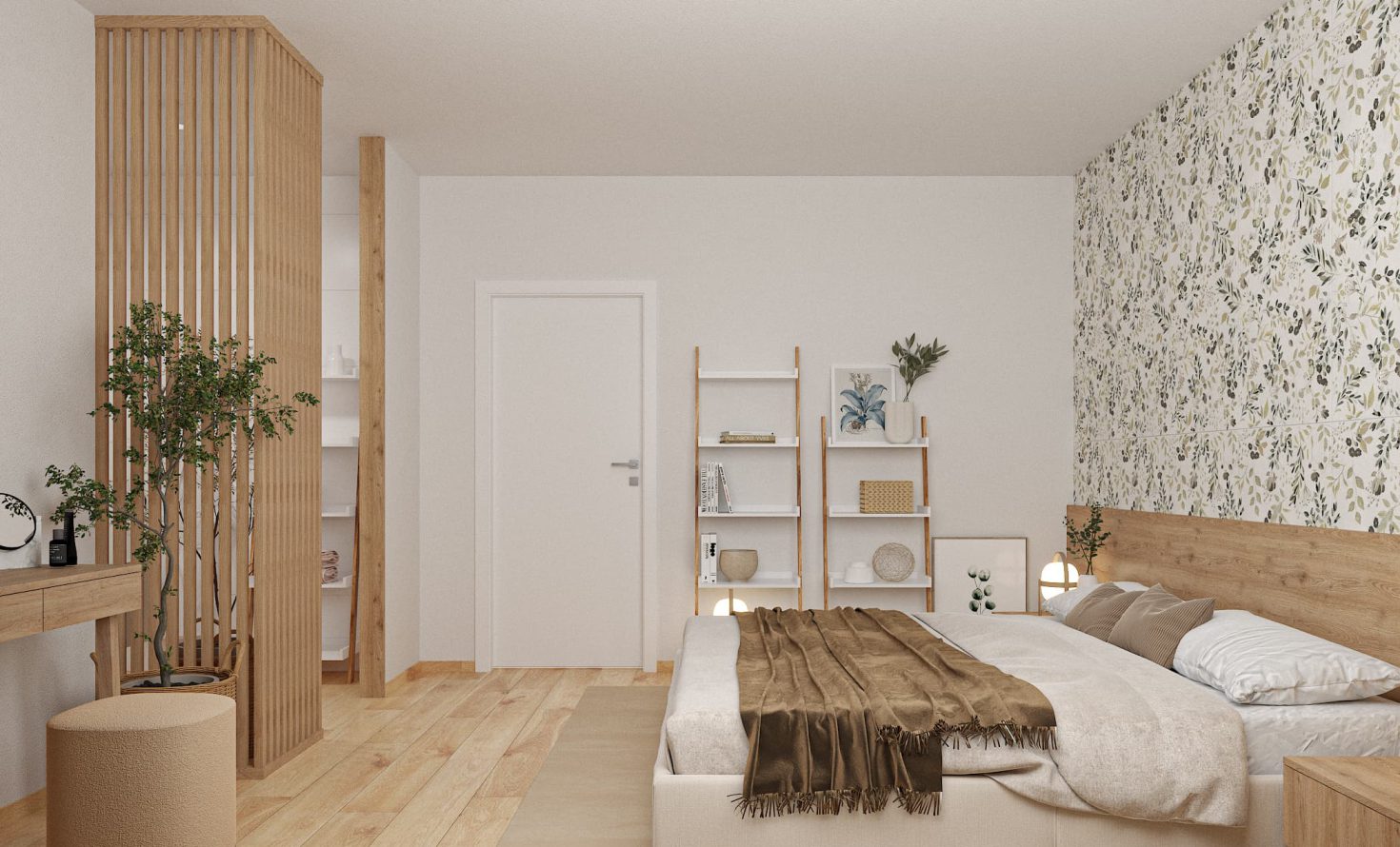 SIKO Ložnice s koupelnou, lamely oddělují prostor, dřevěná podlaha, obklady s tapetovým vzorem, velká manželská postel, regály v ložnici