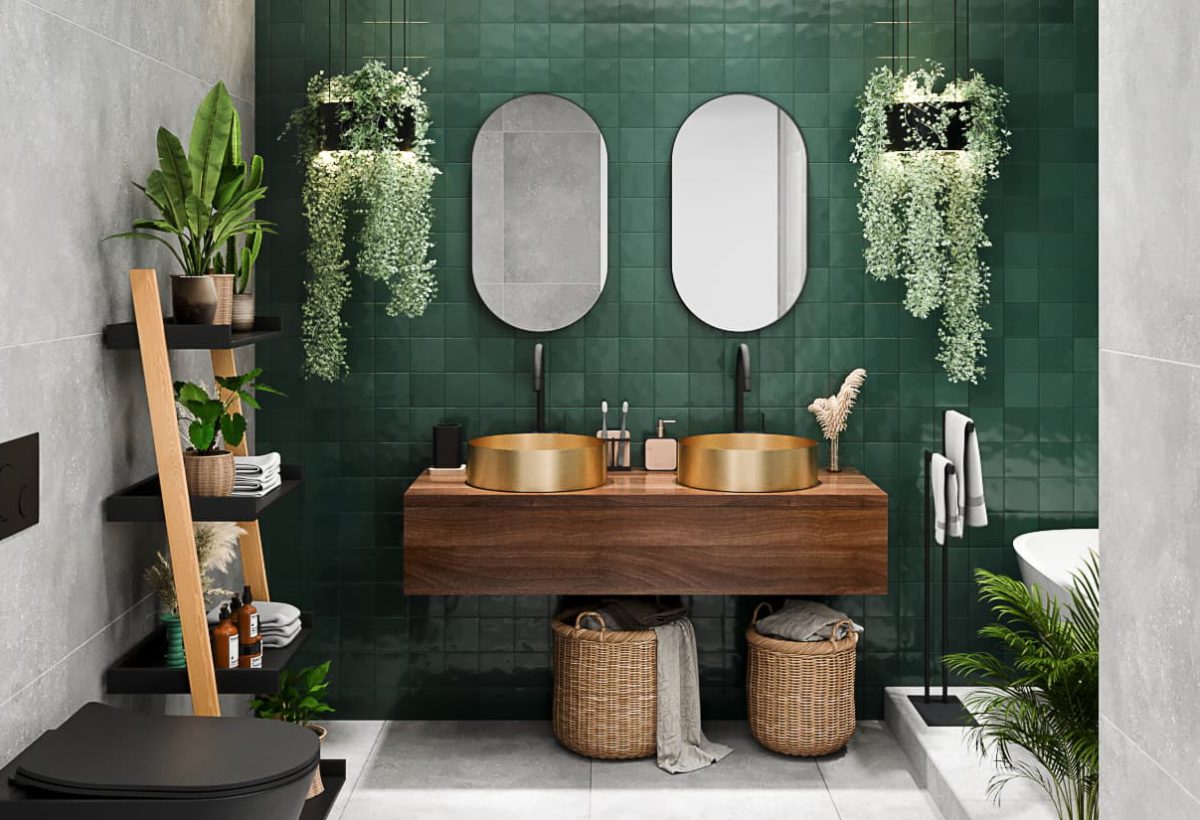 SIKO Nábytok na mieru, kúpeľňová závesná skrinka pod dve umývadlá, drevená skrinka, drevený regál v kúpeľni, oválne umývadlá, zelený obklad