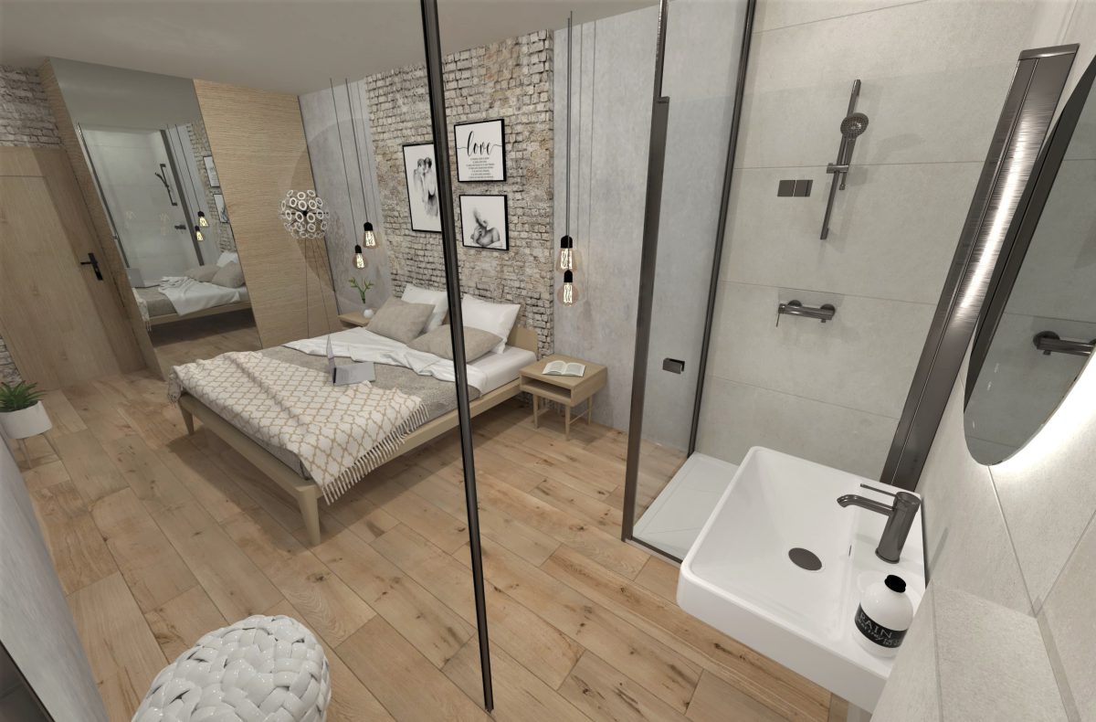SIKO Navrženo pro naše zákazníky, grafický návrh koupelny v ložnici, sprchový kout, umyvadlo a závěsné WC