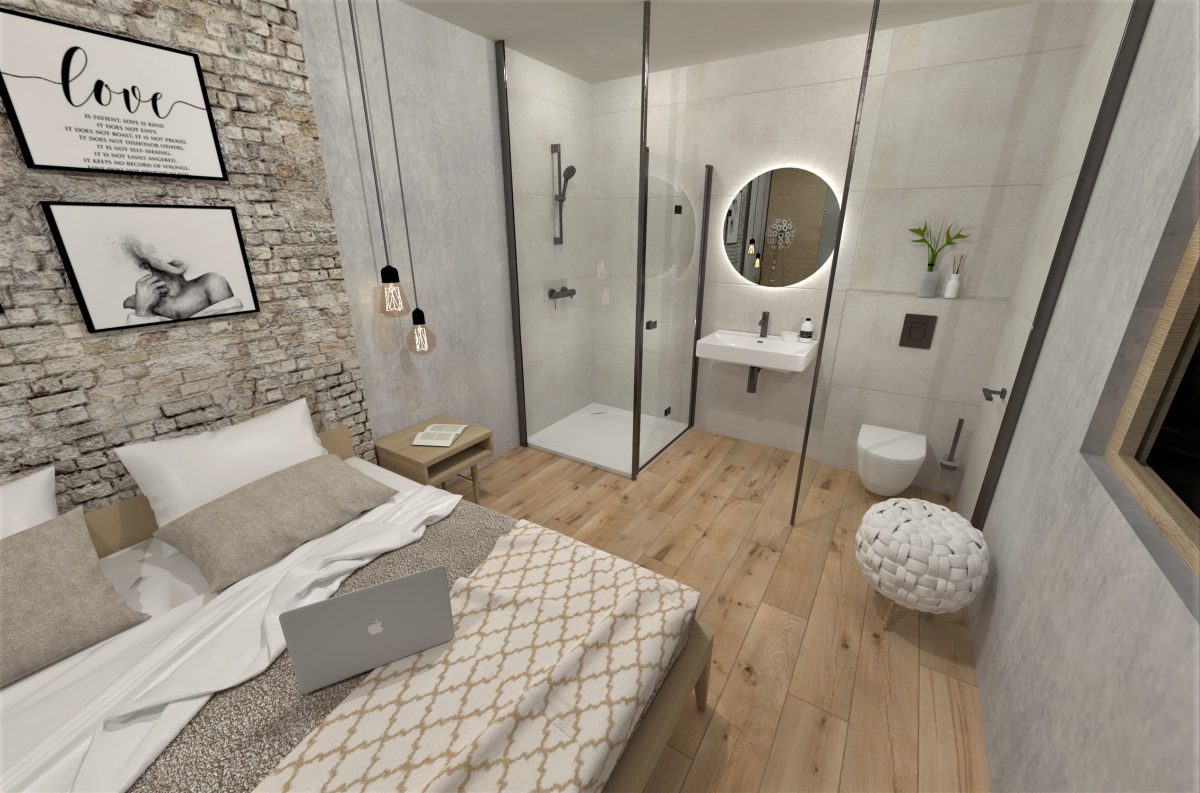 SIKO Navrženo pro naše zákazníky, grafický návrh ložnice s koupelnou, sprchový kout a závěsná toaleta