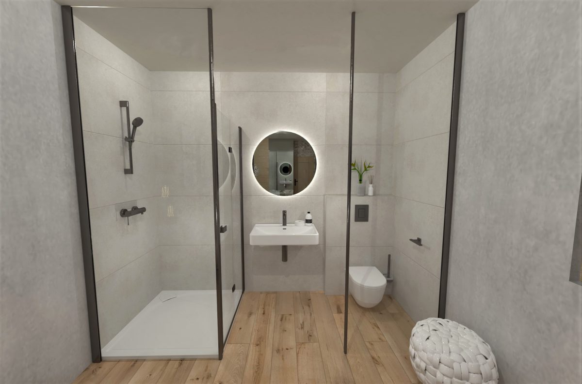 SIKO Navrženo pro naše zákazníky, grafický návrh malé koupelny do ložnice, sprchový kout, umyvadlo, závěsné WC