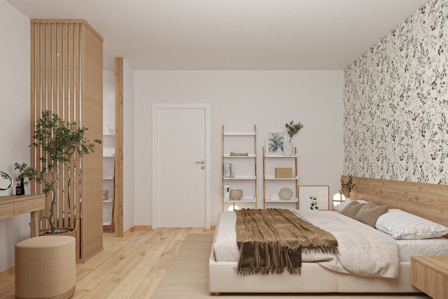 SIKO Spálňa s kúpeľňou, lamely oddeľujú priestor, drevená podlaha, obklady s tapetovým vzorom, veľká manželská posteľ, regály v spálni