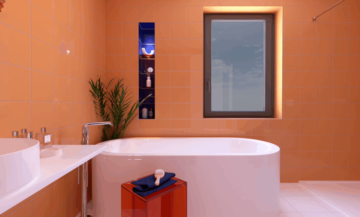 SIKO Volně stojící moderní vana, bílá dlažba, barevný oranžový obkad, koupelnová nika s poličkou, umyvadlo na desku, vysoká vanová baterie