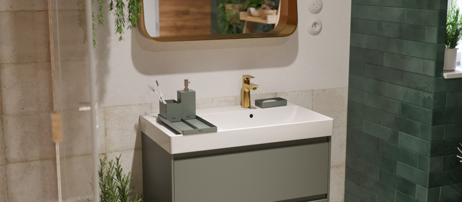 SIKO Závěsná skříňka s umyvadlem a zásuvkami ROCA ONA, šedé koupelnové doplňky, zlatá umyvadlová baterie v koupelně v boho stylu