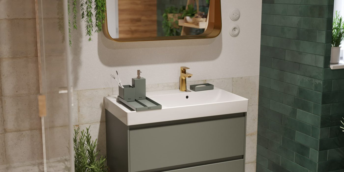 SIKO Závesná skrinka s umývadlom a zásuvkami ROCA ONA, sivé kúpeľňové doplnky, zlatá umývadlová batéria v kúpeľni v boho štýle