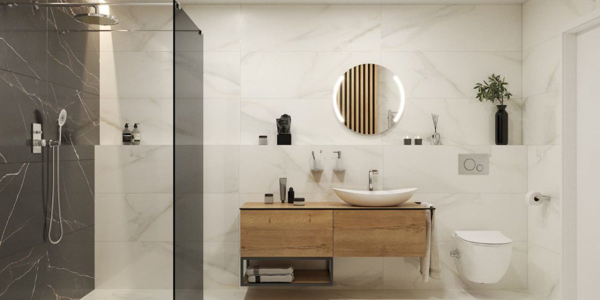 SIKO COVER Moderní mramorová koupelna s walk in sprchovým koutem, tmavé sklo sprchového koutu, závěsná skříňka pod umyvadlo s odkládacím prostorem