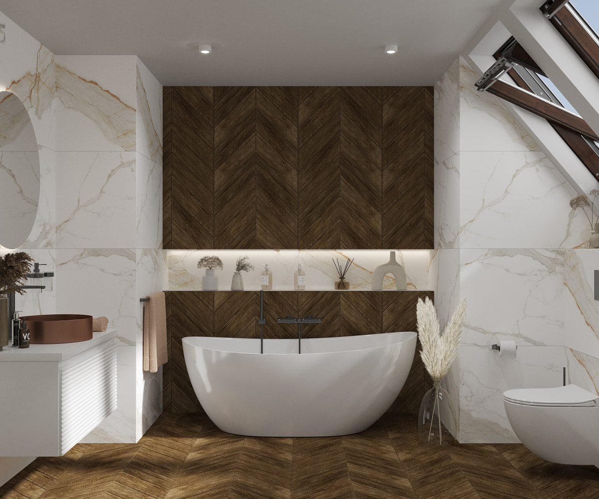 SIKO Koupelna s mramorová dlažba, dřevěná dlažba, zajímavá pokládka, osvětlená nika, závěsná skříňka pod umyvadlo, volně stojící vana