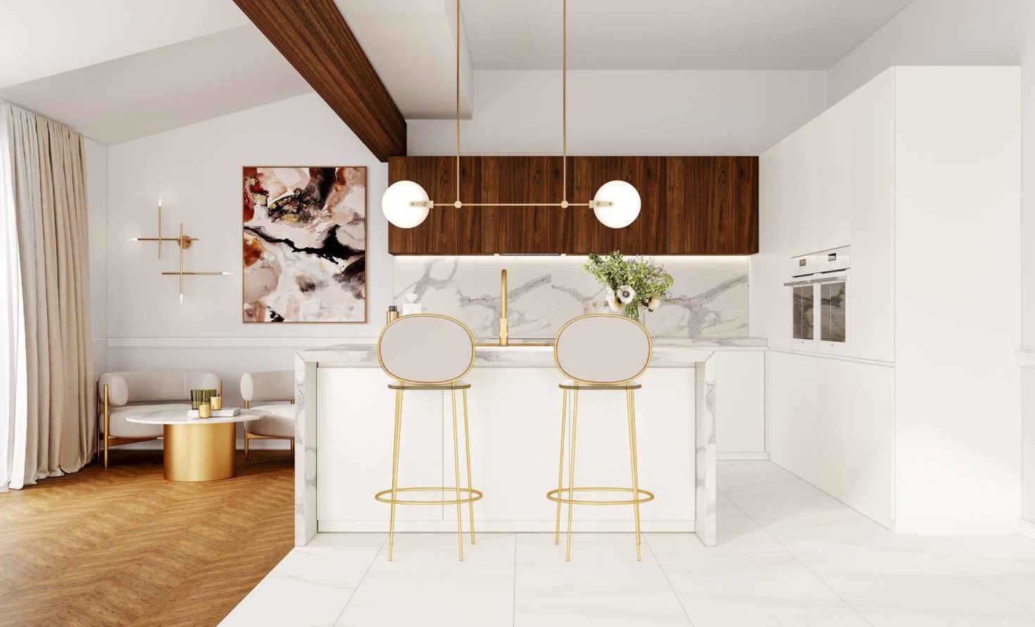 SIKO Mramorová kuchyně s ostrůvkem, velkoformátový obklad a dlažba v imitaci světlého mramoru, dřevěné a zlaté doplňky, vysoké barové židle a barový pult