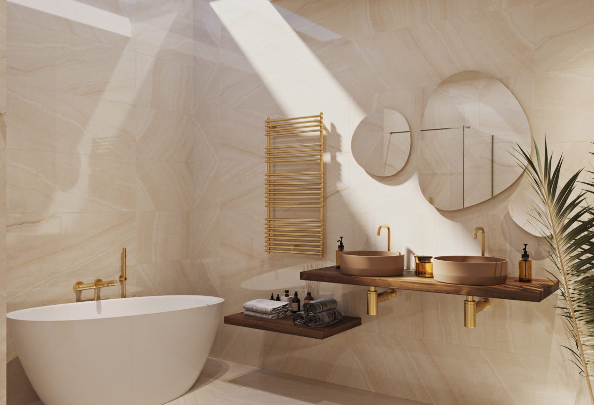 SIKO Podkrovní mramorová koupelně, volně stojící vana, tenkostěnná barevná umyvadla na desku, zlaté baterie a koupelnové doplňky, originální zrcadl