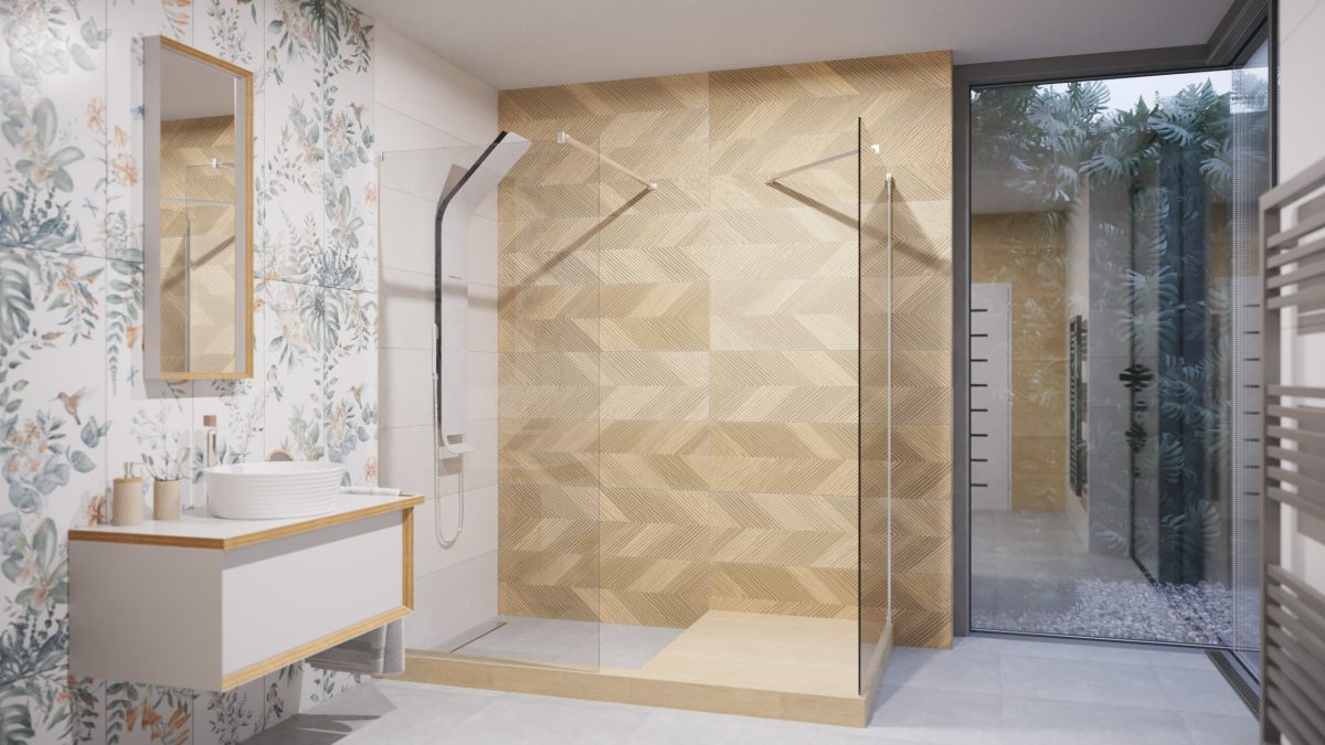 SIKO Tipy na vánoční dárky. Koupelna s obkladem v tropickém designu a v imitaci dřeva, velký walk in sprchový kout, originální sprchový panel.