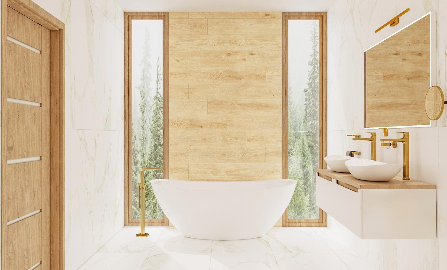 SIKO Veľká svetlá kúpeľňa s bielym mramorom, zlatými a drevenými detailmi, voľne stojaca vaňa, oválne umývadlo na dosku, závesná skrinka pod umývadlo