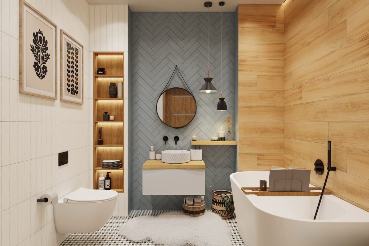 SIKO_Hygge atmosféra v koupelně v severském stylu, šedé obklady, dlažba s drobým vzorem, dřevěné obklady, volně stojící vana a stylové doplnky.