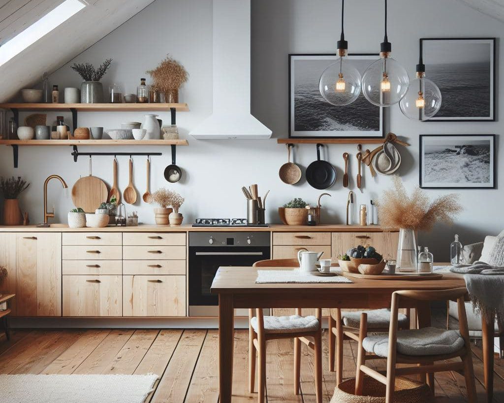 SIKO_Hygge atmosféra v kuchyni, dřevěné povrchy, hodně doplňků, dřevěná podlaha, jednoduchý design stolu a židlí, obrazy na zdi a stylové osvětlení.