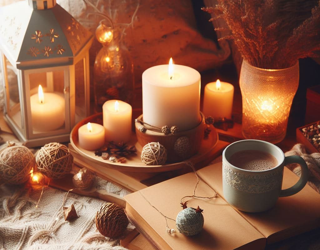 SIKO_Hygge zákoutí, zapálené svíčky, horký čaj, teplé světlo, deky, kožešiny, lucerny tvoří hygge atmosféru.