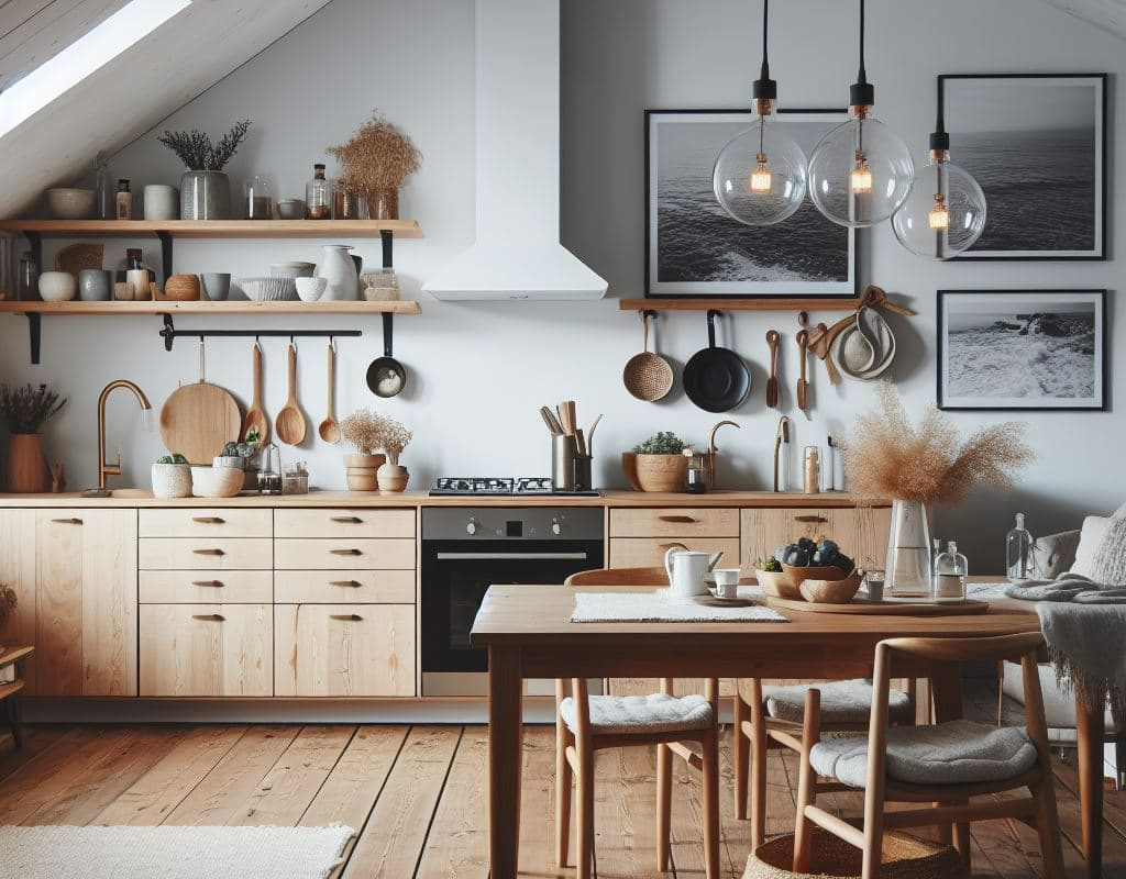 SIKO_Hygge atmosféra v kuchyni, drevené povrchy, množstvo doplnkov, drevená podlaha, jednoduchý dizajn stola a stoličiek, obrazy na stene a štýlové osvetlenie.