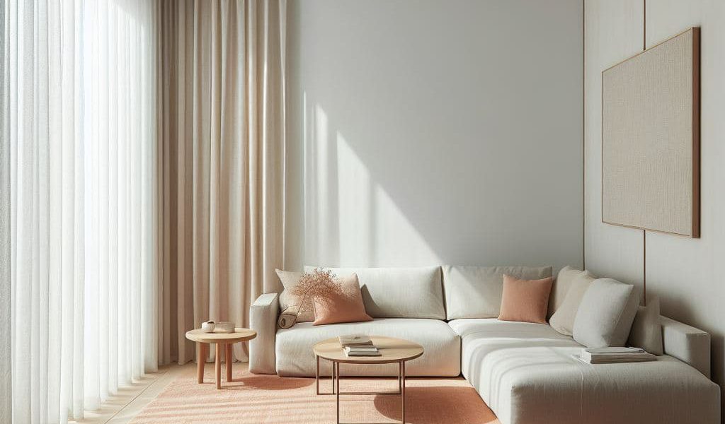 SIKO_Barva roku 2024 peach fuzz, elegantní inspirace pro obývací pokoj, odpočinková místnost s prostorným gaučem, růžový koberec, dřevěná podlaha
