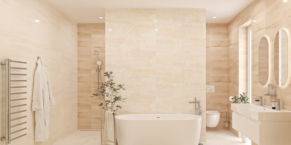 SIKO_Barva roku 2024 peach fuzz, velká koupelna v růžových tónech, volně stojící vana, sprchový kout, oválná zrcadla s LED, elegantní koupelnový nábytek