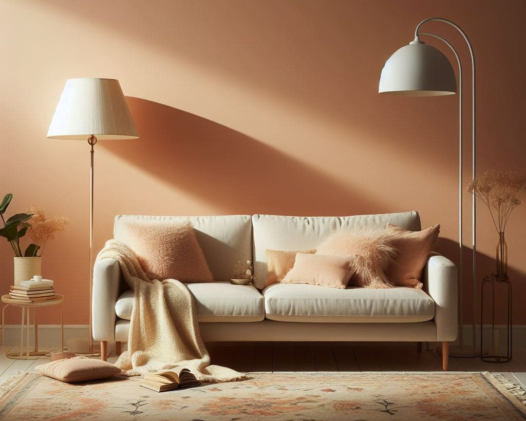 SIKO_Barva roku peach fuzz, brosková barva na zdi, pohodlný gauč s růžovými polstářky, útulný obývací pokoj, koberec a dřevěná podlaha.