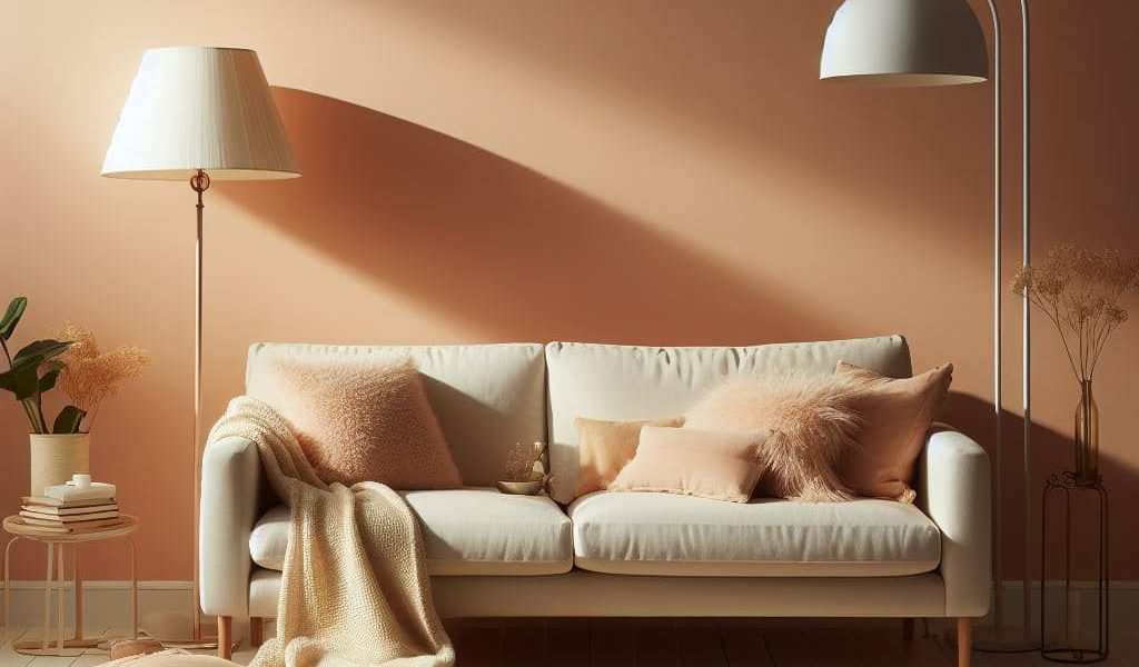 SIKO_Farba roka peach fuzz, brosková farba na stene, pohodlný gauč s ružovými vankúšikmi, útulná obývacia izba, koberec a drevená podlaha.