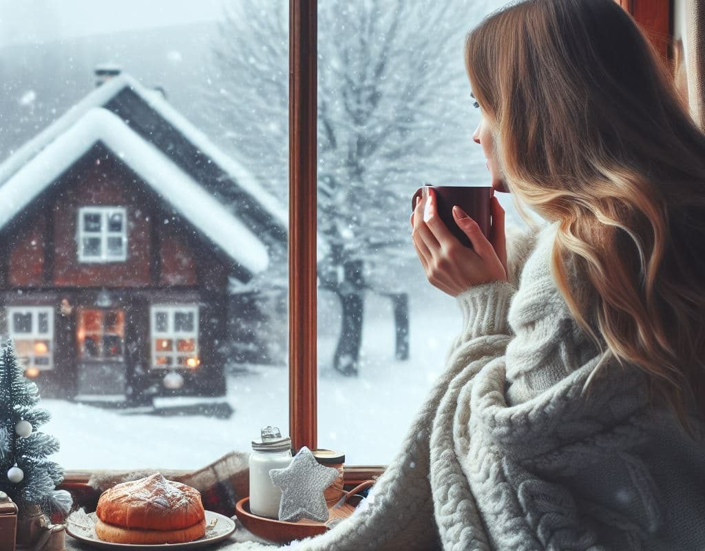 SIKO_Hygge atmosféra so šálkou horúceho čaju, teplou dekou a niečím sladkým pod zub. Za oknami zasnežená zima, kľud a pohoda.