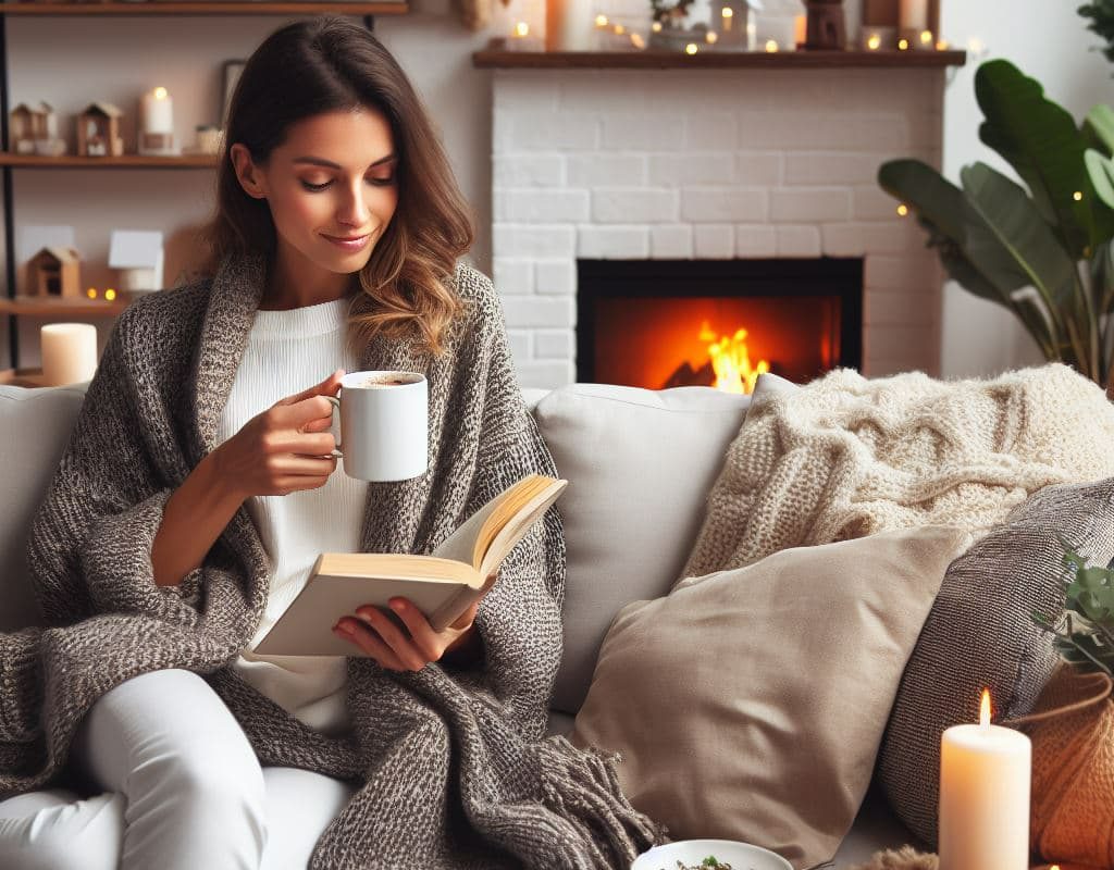 SIKO_Hygge domáca pohoda pri krbe s dobrou knihou, biele tehly na stenách, drevené poličky, knihy a dekorácie. Vianočná atmosféra u vás doma.