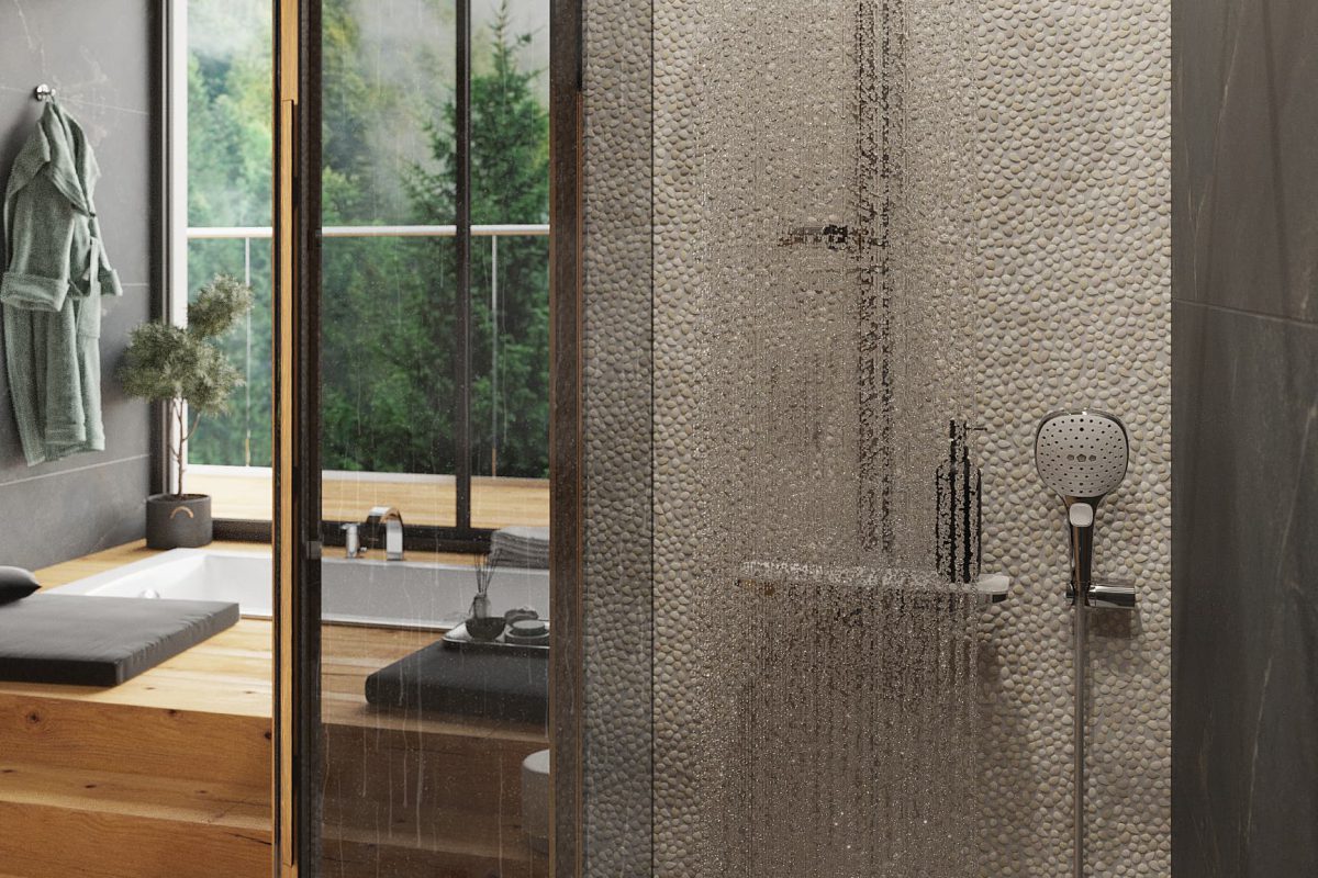 SIKO_Stylové řešení wellness koupelna, kouřové sklo sprchového koutu, sprchový systém s masážními funkcemi, světlý kamenný obklad, dřevěná dlažba