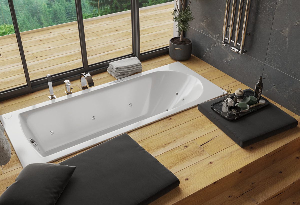 SIKO_Stylové řešení wellness koupelna, relaxační zóna v koupelně, zapuštěná vana s masážními tryskami, velké francouzské okno v koupelně, šedý obklad