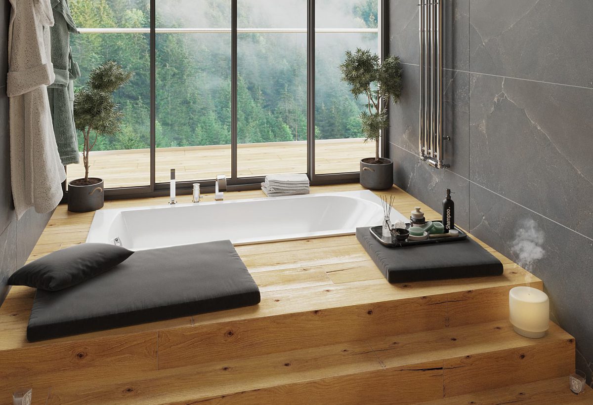 SIKO_Stylové řešení wellness koupelna, zapuštěná vana s masážními tryskami, relax zóna v koupelně, francouzské okno v koupelně, kamenný obklad, dřevěná dlaž