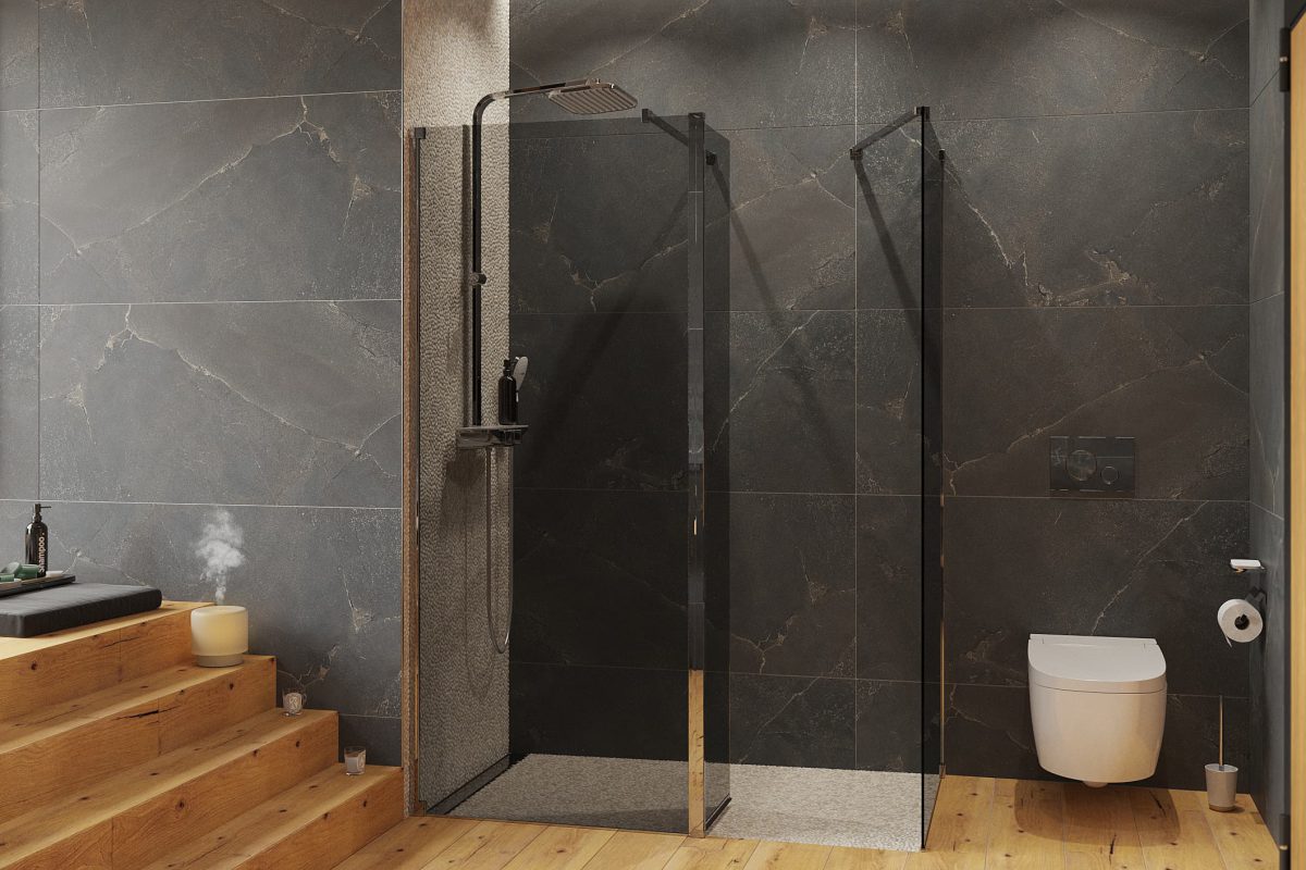 SIKO_Stylové řešení wellness koupena, velký sprchový kout s kouřovými skly, závěsné wc, zapuštěná vana, dřevěná dlažba v teplém tónu, šedý kamenný obklad