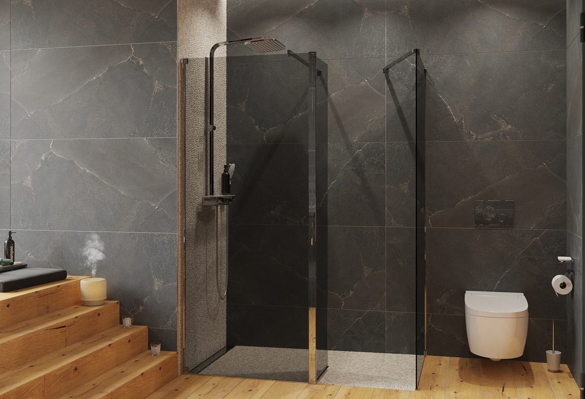SIKO_Stylové řešení wellness koupena, velký sprchový kout s kouřovými skly, závěsné wc, zapuštěná vana, dřevěná dlažba v teplém tónu, šedý kamenný obklad