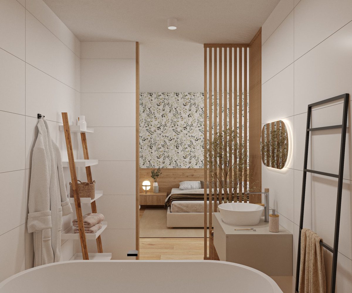 SIKO_Inspirace pro koupelnu v ložnici, bílý obkladový panel na zdi, moderní regály, dřevěné lamely, květinový obklad, dřevěná podlaha.