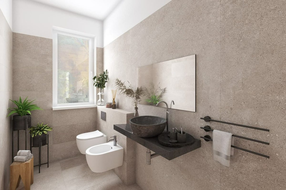 SIKO_Inšpirácia obkladové panely v kúpeľni v dizajne hnedého kameňa, tmavá doska pod umývadlo, antracitové umývadlo na dosku, závesné WC a bidet.