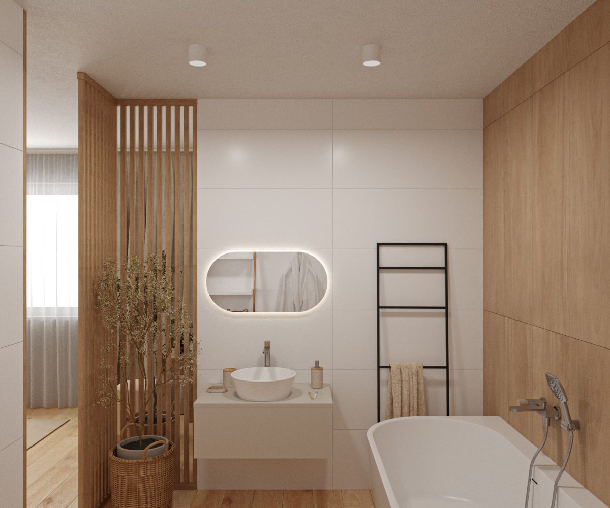SIKO_Koupelna v ložnici, inspirace pro malou koupelnu s bílým obkladovým panelem, dřevěný obklad, lamely, volně stojící vana.