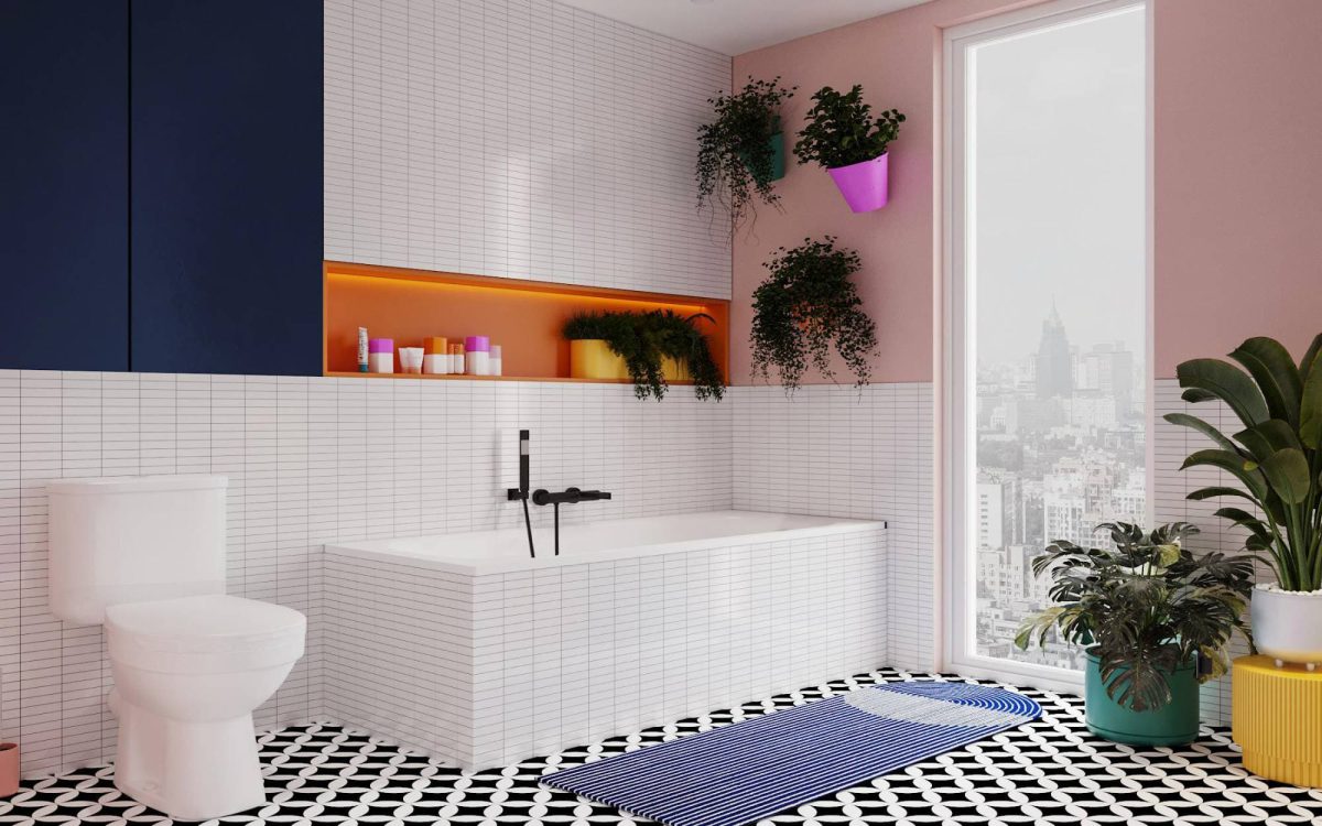 SIKO_Moderní obezděná vana v koupelně v avantgardníms tylu, barevné detaily, výrazné barvy, černobílá dlažba, bílé obklady a výrazná modrá výmalba.