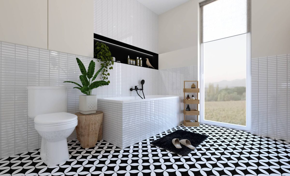 SIKO_Obezděná vana, geometrický černobílý vzor dlažby, bílé obdélníkové obklady, výrazná nika, vysoké okno v koupelně.