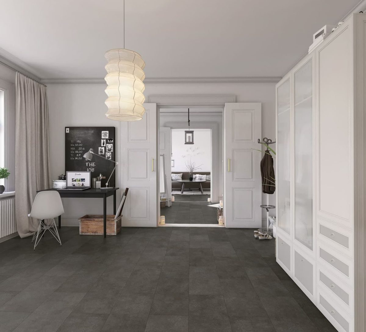 SIKO_Obkladové panely, šedá antracitová podlaha, posuvné dveře, moderní interiér, bílé skříně, domácí pracovní koutek.