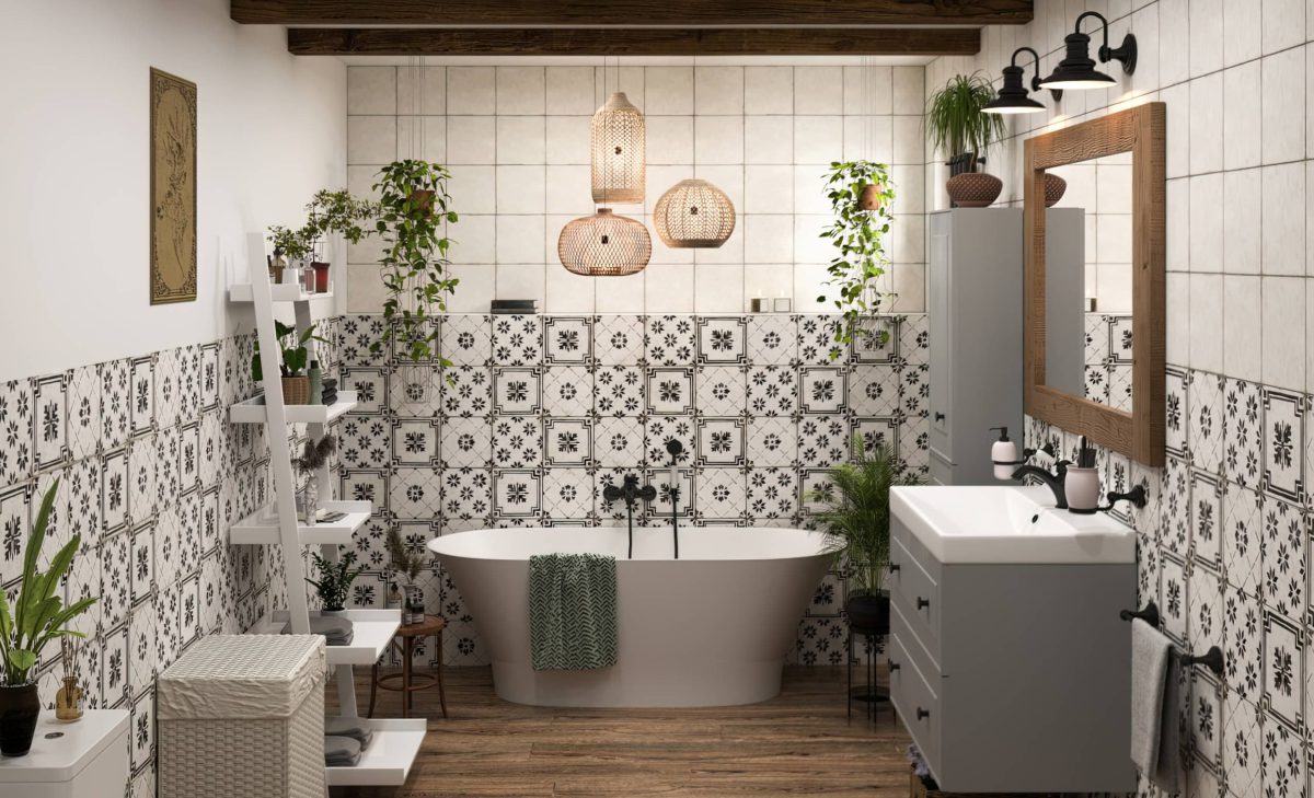 SIKO_Rustikální koupelna s moderní volně stojící vanou, béžové obklady v designu patchworku s patinou, zrcadlo v dřevěném rámu, šedivý koupelnový nábytek.