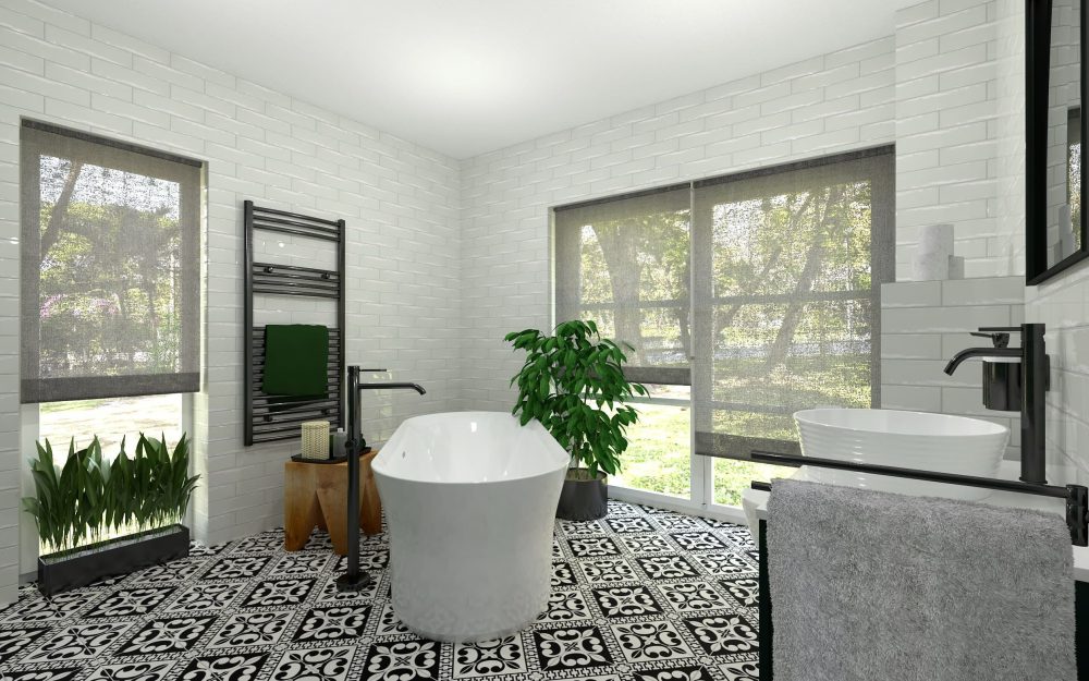 SIKO_Voľne stojaca moderná vaňa v priestore bielej kúpeľne, patchwork dlažba, čierne doplnky, veľké okná v kúpeľni.