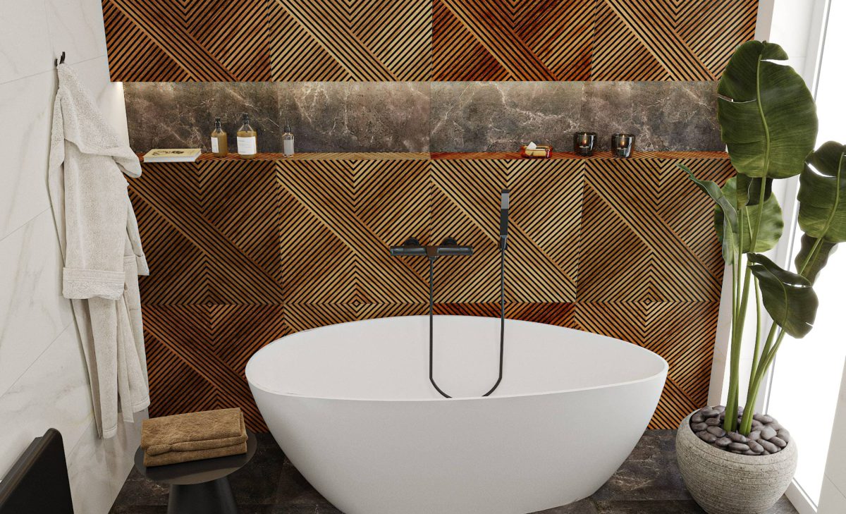 SIKO_Volně stojící oválná asymetrická vana v koupelně s dřevěným obkladem s originální 3D geometrickou strukturou.