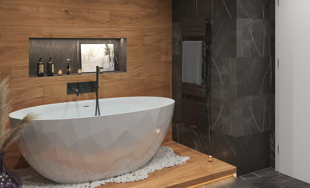 SIKO_Volně stojící vana s 3D povrchem, dřevěný obklad a dlažba, obkladové panely v designu černého kamene, prosvětlená nika v koupelně.