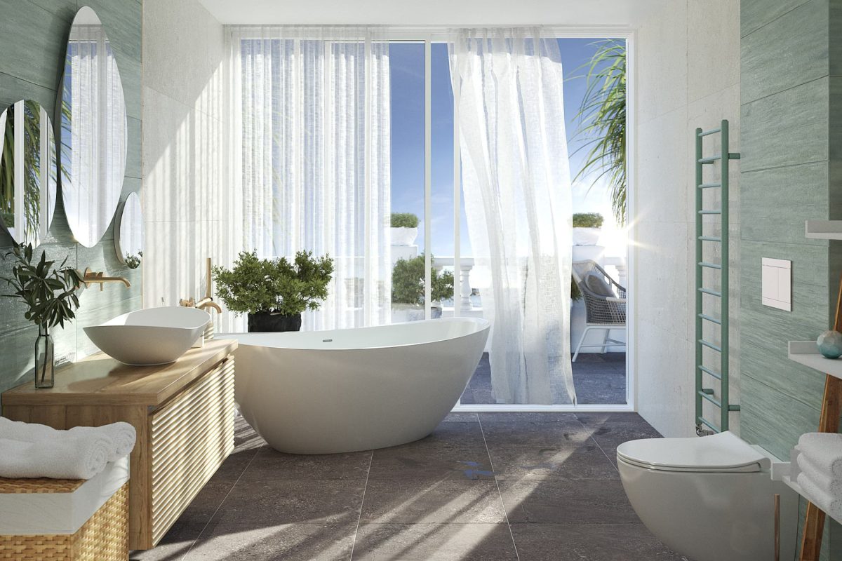 SIKO_Volně stojící vana v moderní koupelně v pastelových tónech, velké okno, dekorace v koupělně, dřevěný koupelnový