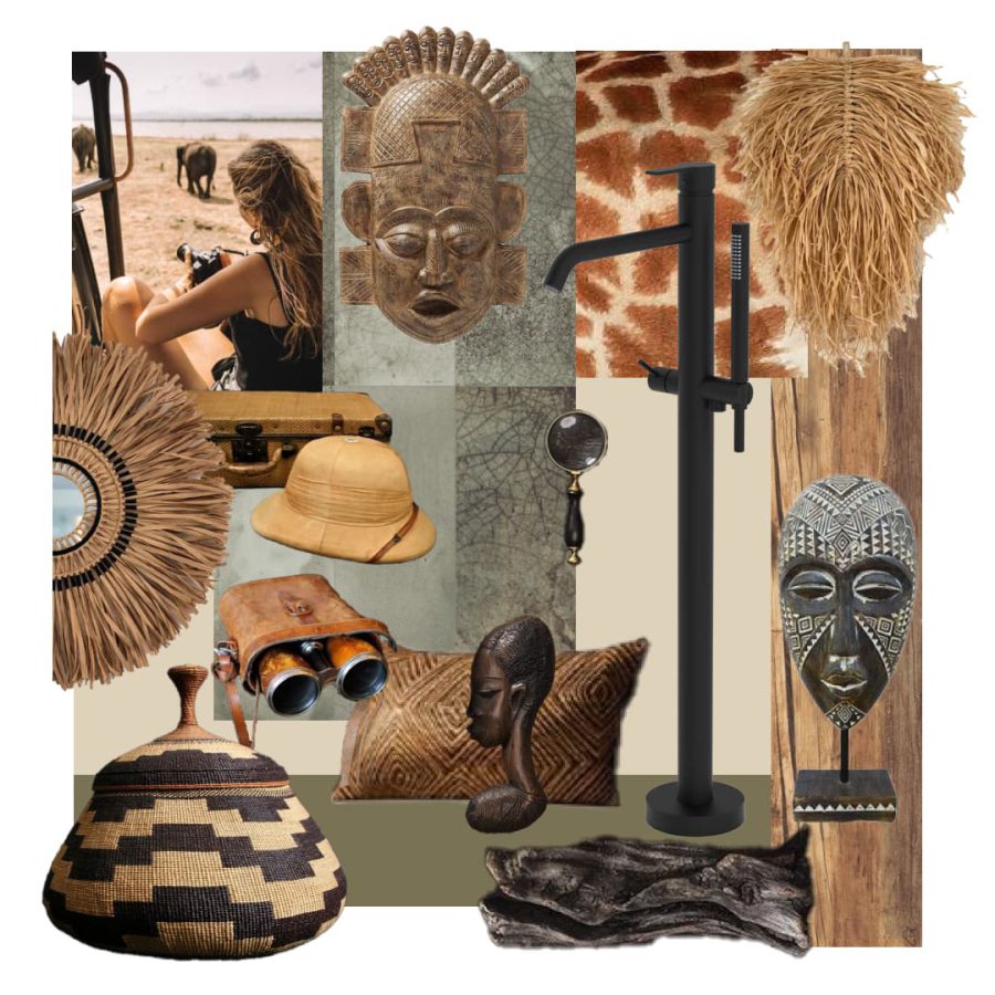 SIKO_Inspirativní mood board se safari prvky, inspirace pro koupelnu v africkém safari stylu, koláž vzorů a materiálů.