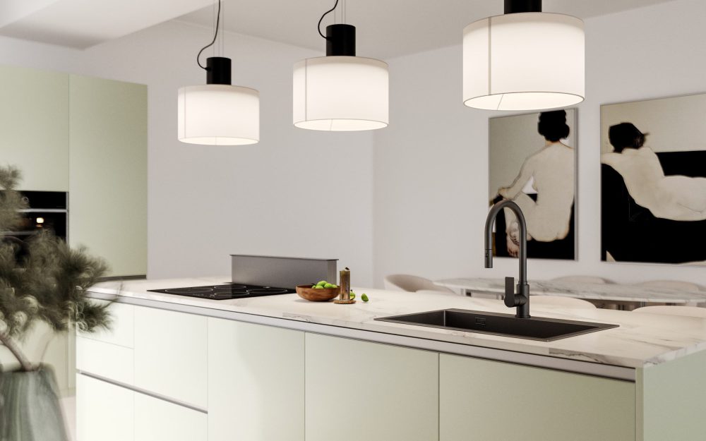 SIKO_Keraická kuchyňská pracovní deska ladí s moderními kuchyněmi, kuchyně se sametovým zeleným povrchem.