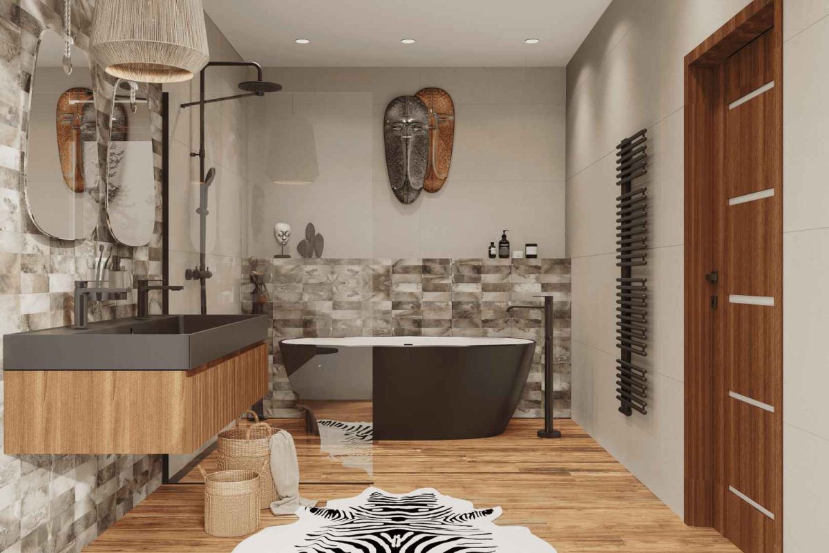 SIKO_Štýlové riešenie safari kúpeľňa, africký štýl, závesná umývadlová skrinka s čiernym dvojumývadlom, čierne batérie, závesné zrkadlo na lane (2)