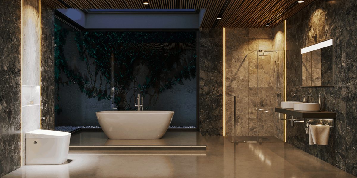 SIKO_Úsporná toaleta SAT OptimFlush v modernej kúpeľni s mramorovou dlažbou a obkladom v prírodných tónoch a voľne stojacou vaňou.