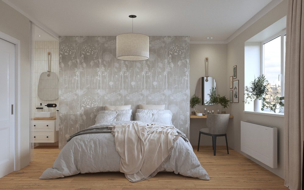 SIKO_Romantická ložnice s šedivým velkoformátovým obkladem s bílými kvítky připomínající pampelišky, dlažba v designu dřeva.
