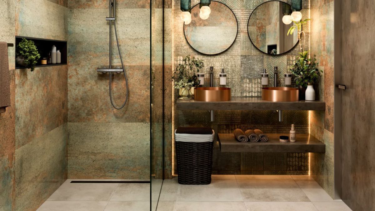 SIKO_cov_Inšpirácia novinky obklady a dlažba v medenom metalickom dizajne, moderná kúpeľňa, dve medené umývadlá na dosku, čierne doplnky, okrúhle zrkadlá, walk in