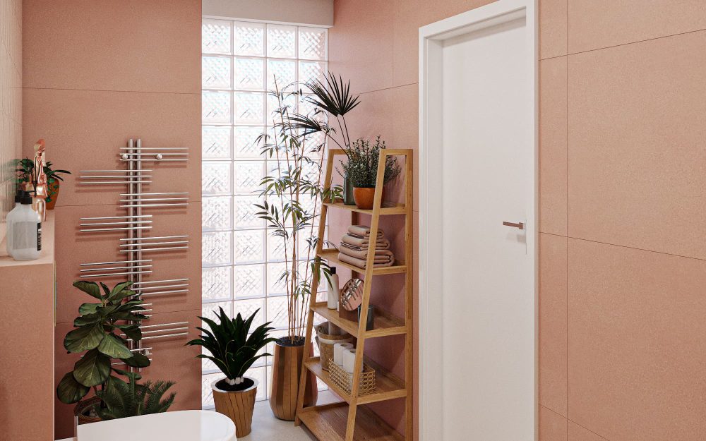 SIKO_Inšpirácia kúpeľňa v paneláku v púdrovo ružovej, kvety a úložný regál, biele dvere do paneláka, biele obložky, luxfery v kúpeľni
