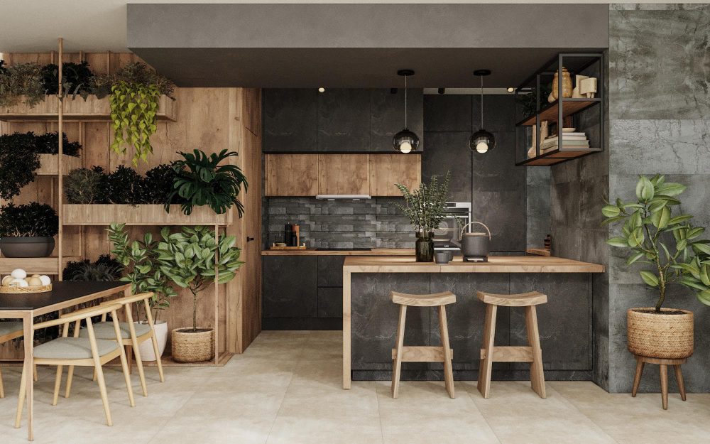 SIKO_Rekonstrukce kuchyně, kuchyně v přírodním stylu kombinuje dřevodekor a design kamene, kuchyňský ostrůvek s barovými židlemi, živé květiny v kuchyni.